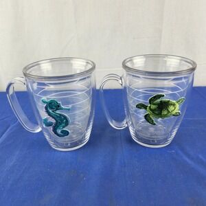 2X Tervis Mug Handle 16 oz Sea Turtle + Seahorse Clear Plastic